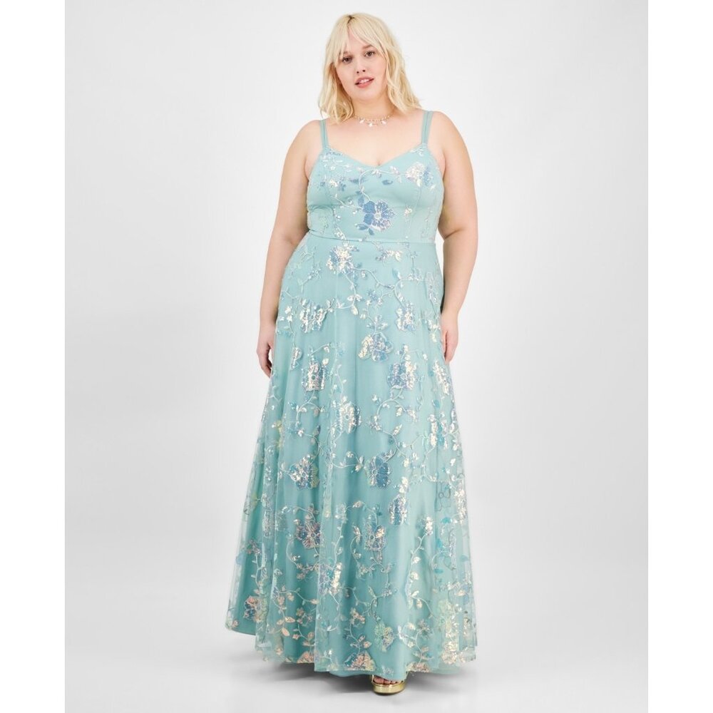 Say Yes Trendy Plus Size 16W Sequined Embroidered Ball Gown Green MSRP $229